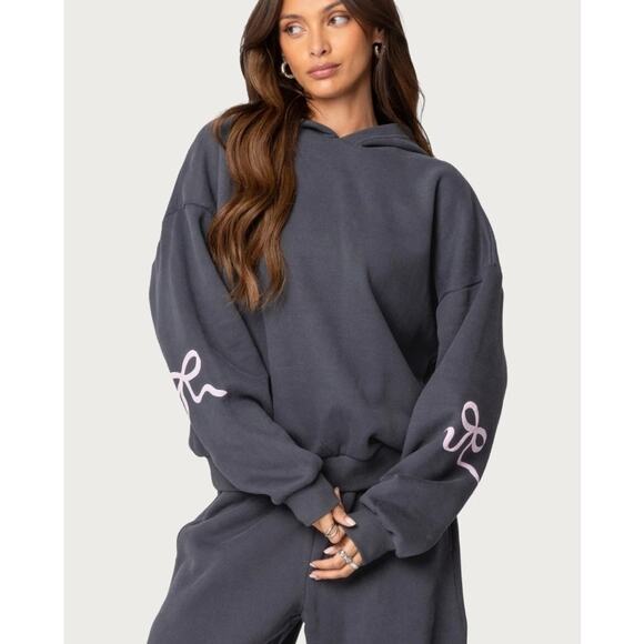 Edikted Tops - NWT Edikted Bonney Bow Detail Hoodie Dark Gray Oversized Lounge Couquette Sz XS